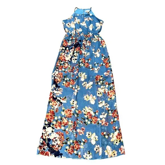 Sweet Storm S Blue Floral Halter Keyhole Lined Maxi Sundress Summer Boho Y2K 90s - Picture 11 of 13